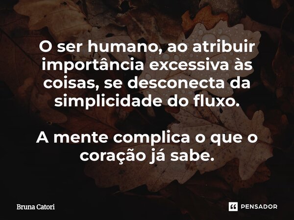 ⁠O ser humano, ao atribuir importância excessiva às coisas, se desconecta da simplicidade do fluxo. A mente complica o que o coração já sabe.... Frase de Bruna Catori.