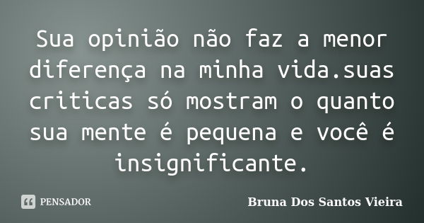 Sua opinião não faz a menor diferença na minha vida.suas criticas só mostram o quanto sua mente é pequena e você é insignificante.... Frase de Bruna Dos Santos Vieira.