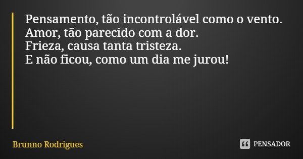 Pensamento, tão incontrolável como o vento.
Amor, tão parecido com a dor.
Frieza, causa tanta tristeza.
E não ficou, como um dia me jurou!... Frase de Brunno Rodrigues.