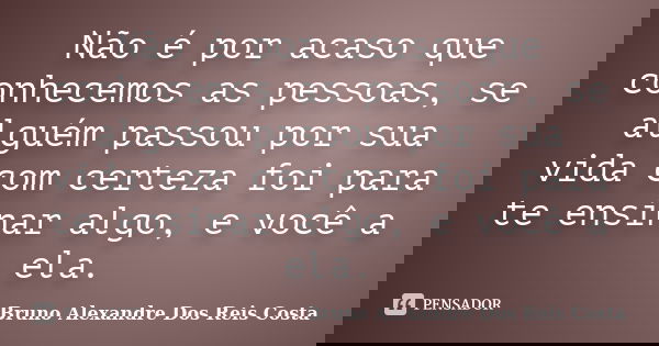 Não é por acaso que conhecemos as pessoas, se alguém passou por sua vida com certeza foi para te ensinar algo, e você a ela.... Frase de Bruno Alexandre Dos Reis Costa.