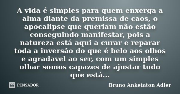 A vida é simples para quem enxerga a alma diante da premissa de caos, o apocalipse que queriam não estão conseguindo manifestar, pois a natureza está aqui a cur... Frase de Bruno Anketaton Adler.