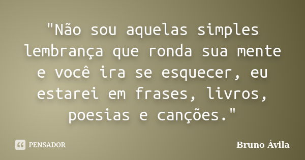 "Não sou aquelas simples lembrança que ronda sua mente e você ira se esquecer, eu estarei em frases, livros, poesias e canções."... Frase de Bruno Ávila.