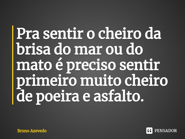 ⁠Pra sentir o cheiro da brisa do mar ou do mato é preciso sentir primeiro muito cheiro de poeira e asfalto.... Frase de Bruno Azevedo.