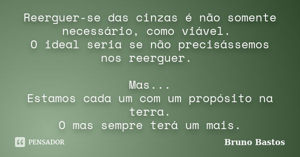 Reerguer-se das cinzas é não somente necessário, como viável. O ideal seria se não precisássemos nos reerguer. Mas... Estamos cada um com um propósito na terra.... Frase de Bruno Bastos.