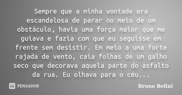 Sempre que a minha vontade era escandalosa de parar no meio de um obstáculo, havia uma força maior que me guiava e fazia com que eu seguisse em frente sem desis... Frase de Bruno Belini.