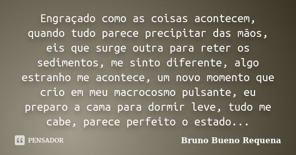 Engraçado como as coisas acontecem, quando tudo parece precipitar das mãos, eis que surge outra para reter os sedimentos, me sinto diferente, algo estranho me a... Frase de Bruno Bueno Requena.