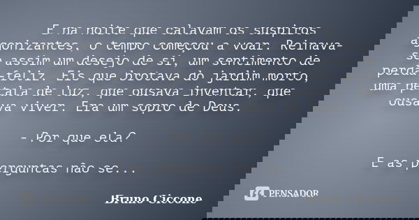 E na noite que calavam os suspiros agonizantes, o tempo começou a voar. Reinava-se assim um desejo de si, um sentimento de perda-feliz. Eis que brotava do jardi... Frase de Bruno Ciccone.