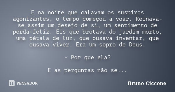 E na noite que calavam os suspiros agonizantes, o tempo começou a voar. Reinava-se assim um desejo de si, um sentimento de perda-feliz. Eis que brotava do jardi... Frase de Bruno Ciccone.