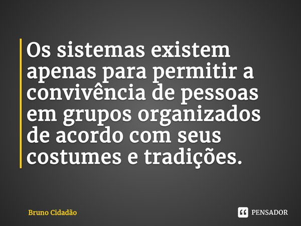 ⁠Os sistemas existem apenas para permitir a convivência de pessoas em grupos organizados de acordo com seus costumes e tradições.... Frase de Bruno Cidadão.