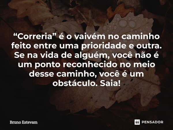 ⁠“Correria” é o vaivém no caminho feito entre uma prioridade e outra. Se na vida de alguém, você não é um ponto reconhecido no meio desse caminho, você é um obs... Frase de bruno estevam.