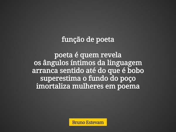 função de poeta poeta é quem revela os ângulos íntimos da linguagem arranca sentido até do que é bobo superestima o fundo do poço imortaliza mulheres em poema... Frase de Bruno Estevam.