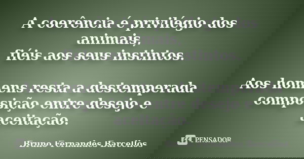 A coerência é privilégio dos animais, fiéis aos seus instintos. Aos homens resta a destemperada composição entre desejo e aceitação.... Frase de Bruno Fernandes Barcellos.