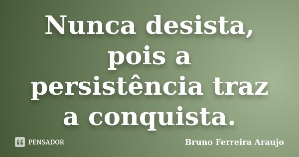 Nunca desista, pois a persistência traz a conquista.... Frase de Bruno Ferreira Araujo.