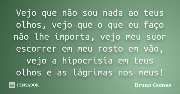 Vejo que não sou nada ao teus olhos, vejo que o que eu faço não lhe importa, vejo meu suor escorrer em meu rosto em vão, vejo a hipocrisia em teus olhos e as lá... Frase de Bruno Gomes.