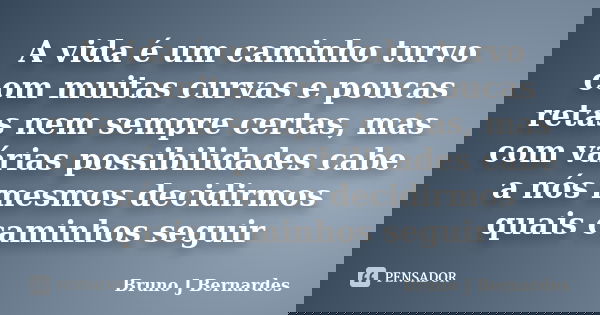 A vida é um caminho turvo com muitas curvas e poucas retas nem sempre certas, mas com várias possibilidades cabe a nós mesmos decidirmos quais caminhos seguir... Frase de Bruno J Bernardes.