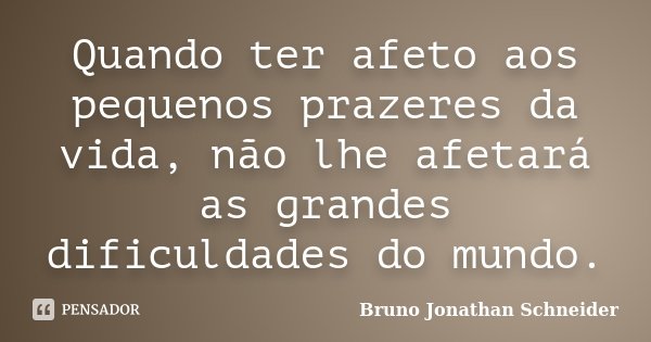 Quando ter afeto aos pequenos prazeres da vida, não lhe afetará as grandes dificuldades do mundo.... Frase de Bruno Jonathan Schneider.