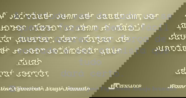 A virtude vem de cada um,se queres fazer o bem é fácil basta querer,ter força de vontade e ser otimista que tudo dará certo.... Frase de Bruno José Figueiredo Araujo brunuito.
