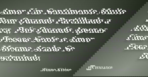 Amor Um Sentimento Muito Bom Quando Partilhado a Altura, Pois Quando Apenas Uma Pessoa Sente o Amor Essa Mesma Acaba Se Destruindo.... Frase de Bruno Kriese.