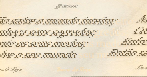 Não salve o mundo inteiro; Conheça seus segredos; Enfrente os seus medos; Então salve o seu mundo.... Frase de Bruno La Roza.