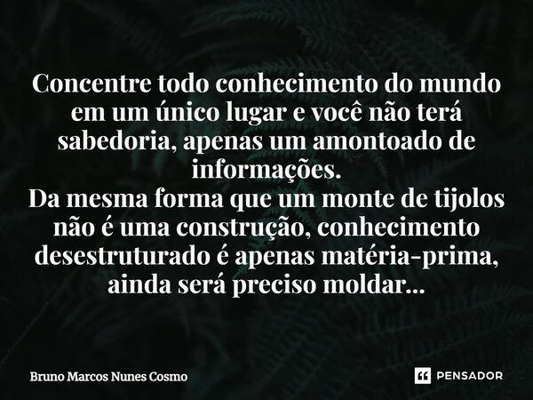 ⁠Concentre todo conhecimento do mundo em um único lugar e você não terá sabedoria, apenas um amontoado de informações. Da mesma forma que um monte de tijolos nã... Frase de Bruno Marcos Nunes Cosmo.