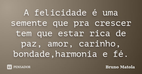 A felicidade é uma semente que pra crescer tem que estar rica de paz, amor, carinho, bondade,harmonia e fé.... Frase de Bruno Matola.