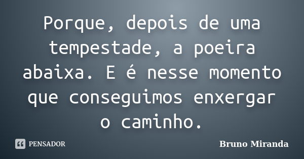 Porque, depois de uma tempestade, a poeira abaixa. E é nesse momento que conseguimos enxergar o caminho.... Frase de Bruno Miranda.