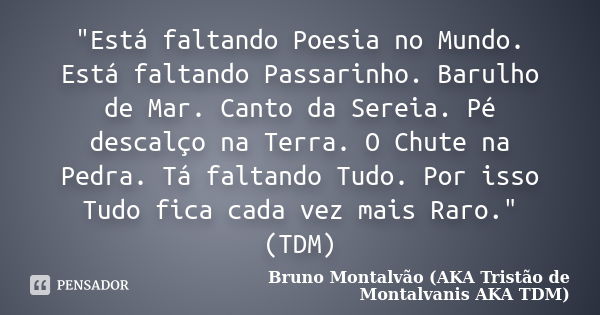 "Está faltando Poesia no Mundo. Está faltando Passarinho. Barulho de Mar. Canto da Sereia. Pé descalço na Terra. O Chute na Pedra. Tá faltando Tudo. Por is... Frase de Bruno Montalvão (AKA Tristão de Montalvanis AKA TDM).