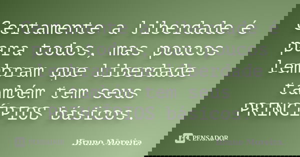 Certamente a liberdade é para todos, mas poucos lembram que liberdade também tem seus PRINCÍPIOS básicos.... Frase de Bruno Moreira.