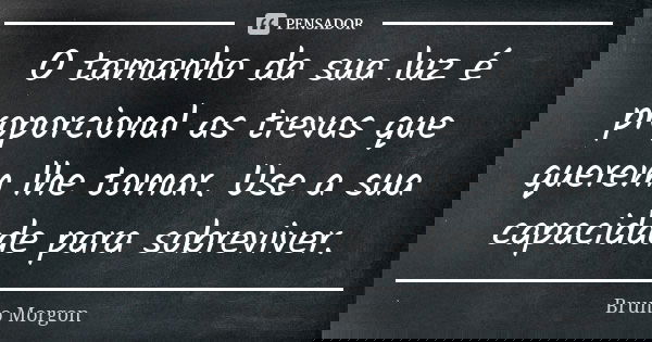 O tamanho da sua luz é proporcional as trevas que querem lhe tomar. Use a sua capacidade para sobreviver.... Frase de Bruno Morgon.
