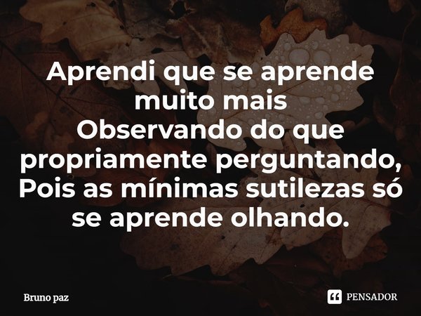 Aprendi que se aprende muito mais Observando do que propriamente perguntando, Pois as mínimas sutilezas só se aprende olhando.... Frase de Bruno paz.