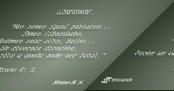 LIBERDADE. "Nos somos igual pássaros... Temos liberdades, Podemos voar alto, baixo... Em diversas direções, Porém um vacilo a queda pode ser fatal." B... Frase de Bruno R. S..