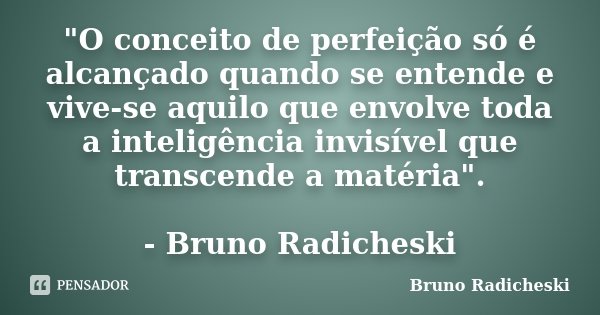 "O conceito de perfeição só é alcançado quando se entende e vive-se aquilo que envolve toda a inteligência invisível que transcende a matéria". - Brun... Frase de Bruno Radicheski.