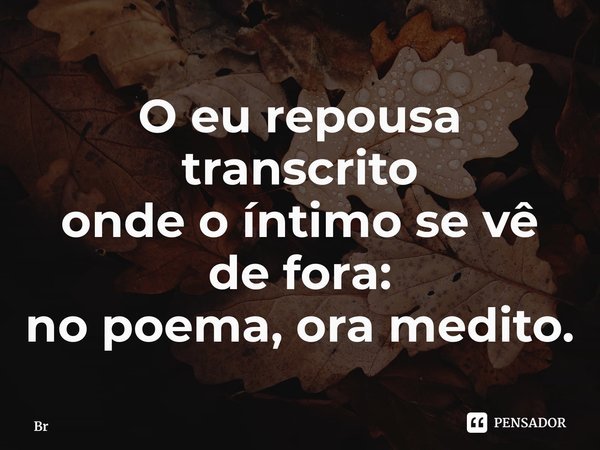 ⁠O eu repousa transcrito onde o íntimo se vê de fora: no poema, ora medito.... Frase de Bruno Ramalho de Carvalho.