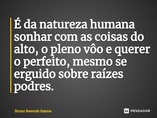 É da natureza humana sonhar com as coisas do alto, o pleno vôo e querer o perfeito, mesmo se erguido sobre raízes podres.⁠... Frase de Bruno Resende Ramos.
