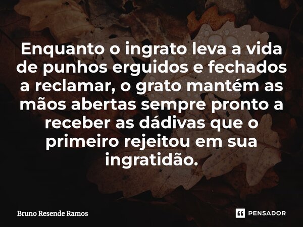 ⁠Enquanto o ingrato leva a vida de punhos erguidos e fechados a reclamar, o grato mantém as mãos abertas sempre pronto a receber as dádivas que o primeiro rejei... Frase de Bruno Resende Ramos.