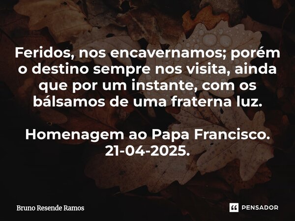 ⁠Feridos, nos encavernamos; porém o destino sempre nos visita, ainda que por um instante, com os bálsamos de uma fraterna luz. Homenagem ao Papa Francisco. 21-0... Frase de Bruno Resende Ramos.