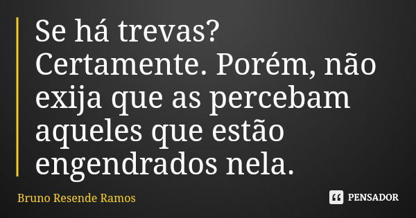 Se há trevas? Certamente. Porém, não exija que as percebam aqueles que estão engendrados nela.... Frase de Bruno Resende Ramos.