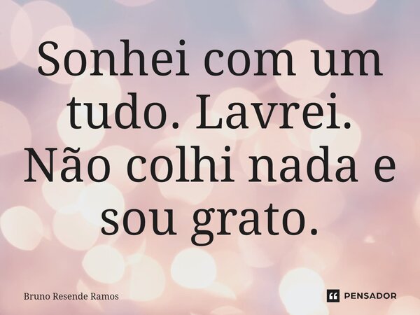 ⁠Sonhei com um tudo. Lavrei. Não colhi nada e sou grato.... Frase de Bruno Resende Ramos.
