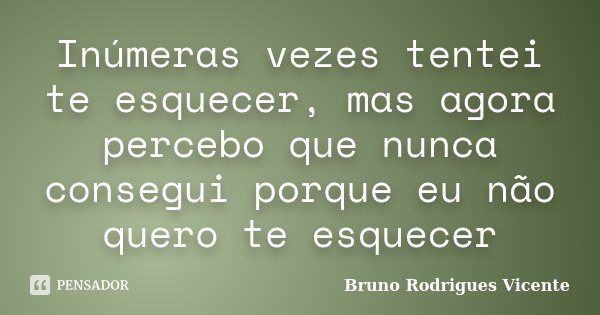 Inúmeras vezes tentei te esquecer, mas agora percebo que nunca consegui porque eu não quero te esquecer... Frase de Bruno Rodrigues Vicente.