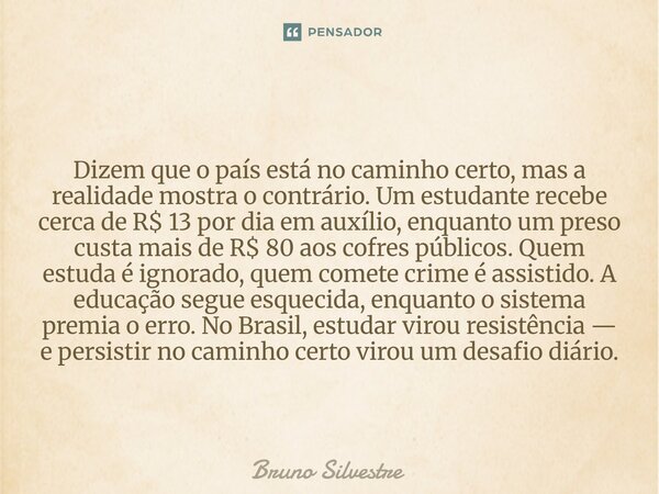  Dizem que o país está no caminho certo, mas a realidade mostra o contrário. Um estudante recebe cerca de R$ 13 por dia em auxílio, enquanto um preso custa mai... Frase de Bruno Silvestre.