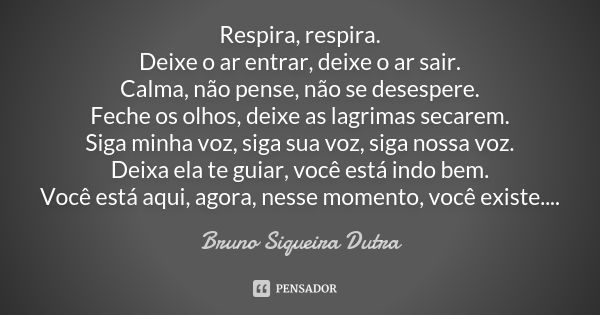 Respira, respira. Deixe o ar entrar, deixe o ar sair. Calma, não pense, não se desespere. Feche os olhos, deixe as lagrimas secarem. Siga minha voz, siga sua vo... Frase de Bruno Siqueira Dutra.