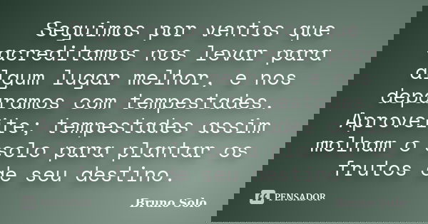 Seguimos por ventos que acreditamos nos levar para algum lugar melhor, e nos deparamos com tempestades. Aproveite; tempestades assim molham o solo para plantar ... Frase de Bruno Solo.