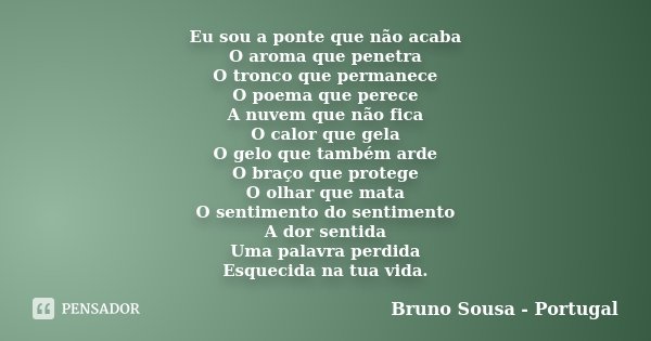 Eu sou a ponte que não acaba O aroma que penetra O tronco que permanece O poema que perece A nuvem que não fica O calor que gela O gelo que também arde O braço ... Frase de Bruno Sousa - Portugal.