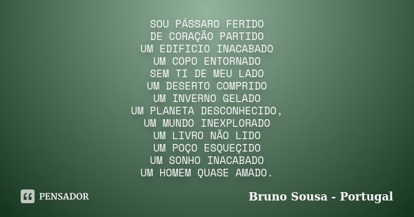 SOU PÁSSARO FERIDO DE CORAÇÃO PARTIDO UM EDIFICIO INACABADO UM COPO ENTORNADO SEM TI DE MEU LADO UM DESERTO COMPRIDO UM INVERNO GELADO UM PLANETA DESCONHECIDO, ... Frase de Bruno Sousa - Portugal.