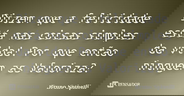 Dizem que a felicidade está nas coisas simples da vida! Por que então ninguem as Valoriza?... Frase de Bruno Spinelli.