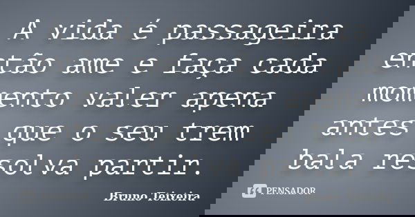 A vida é passageira então ame e faça cada momento valer apena antes que o seu trem bala resolva partir.... Frase de Bruno Teixeira.