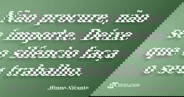 Não procure, não se importe. Deixe que o silêncio faça o seu trabalho.... Frase de Bruno Vicente.