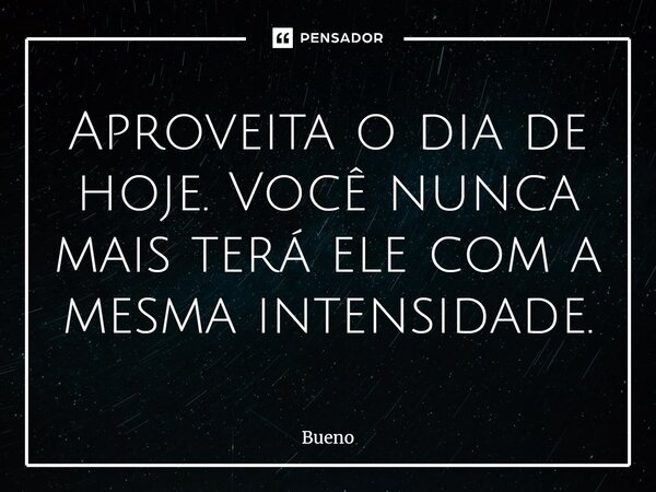 ⁠Aproveita o dia de hoje. Você nunca mais terá ele com a mesma intensidade.... Frase de Bueno.