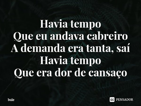⁠Havia tempo
Que eu andava cabreiro
A demanda era tanta, saí
Havia tempo
Que era dor de cansaço... Frase de bule.