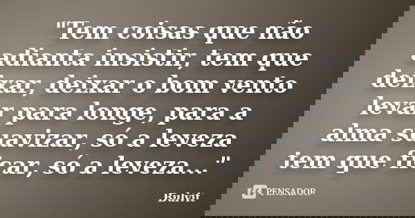 "Tem coisas que não adianta insistir, tem que deixar, deixar o bom vento levar para longe, para a alma suavizar, só a leveza tem que ficar, só a leveza...&... Frase de Bulvit.